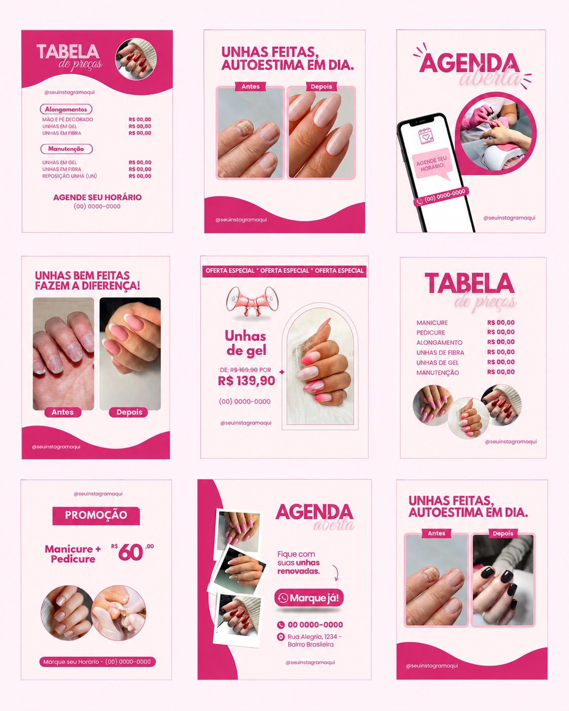 Exemplos de posts editáveis para feed de unhas