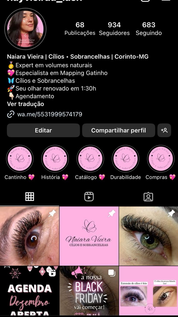 Exemplo de feed profissional para cílios